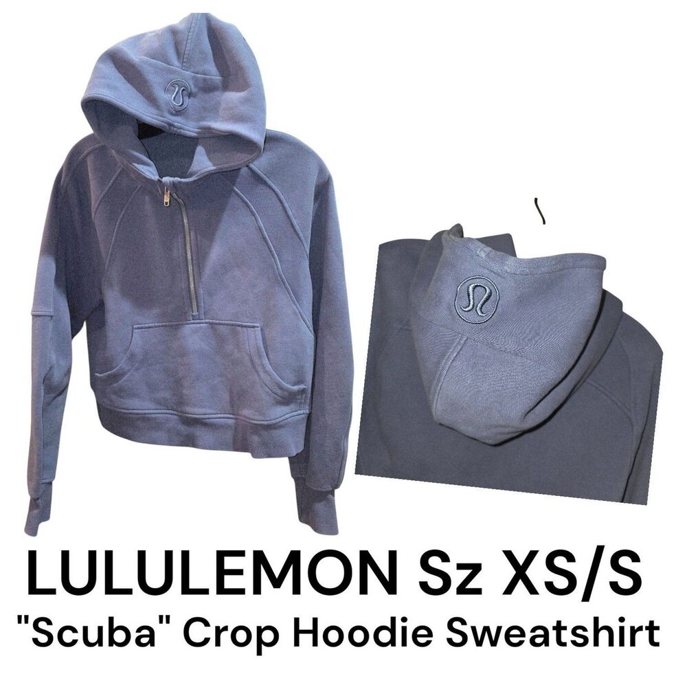 Lululemon Sz XS/S Scuba Blue ½ Zip Yoga Athletic Crop Logo Hoodie Sweatshirt